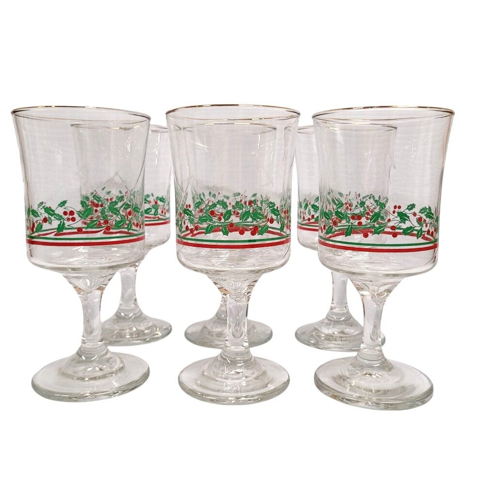Libbey 1980s Set 6 Holly Berries Christmas Stemware Wine Glasses No Mark Vintage - Picture 3 of 7